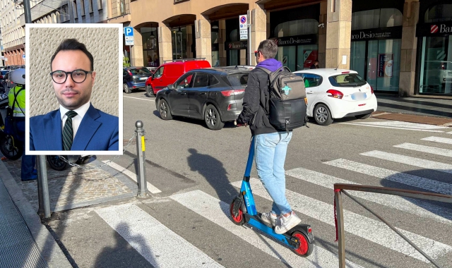 Un monopattino nel centro di Varese e nel riquadro il leghista Stefano Angei