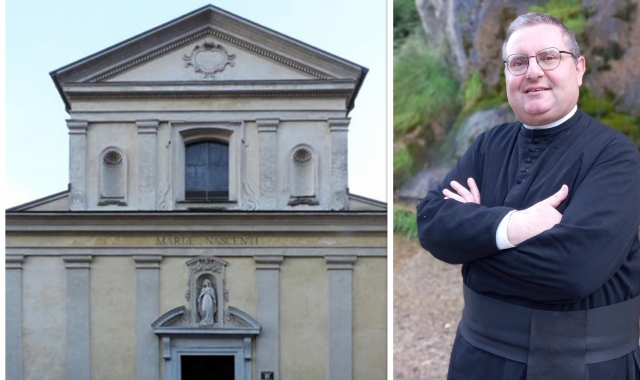 La parrocchia di Santa Maria Nascente a Brusimpiano e, nel riquadro, l’ex parroco don Nicolò Casoni, sospeso dal suo ministero  (foto Archivio)