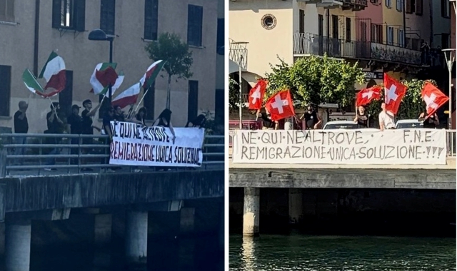 La manifestazione con striscioni sul lato italiano e su quello svizzero del Ponte sulla Tresa