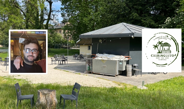 Il chiosco nel parco comunale di Villa Mylius e nei riquadri Kevin Rocca e il logo della nuova gestione