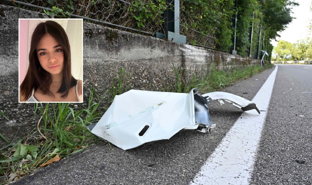 Un pezzo dell’auto rimasto sull’asfalto a Maccagno (foto Angelo Puricelli). Nel riquadro, Sara Vetrano