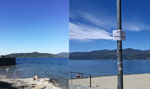 La zona interdetta alla balneazione. A destra, uno dei cartelli che informano del divieto (foto Francesca Bigatton/FACEBOOK)